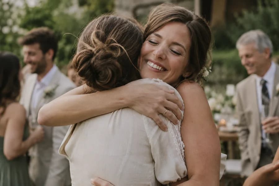 Illustrative photograph of a couple embracing at their wedding.