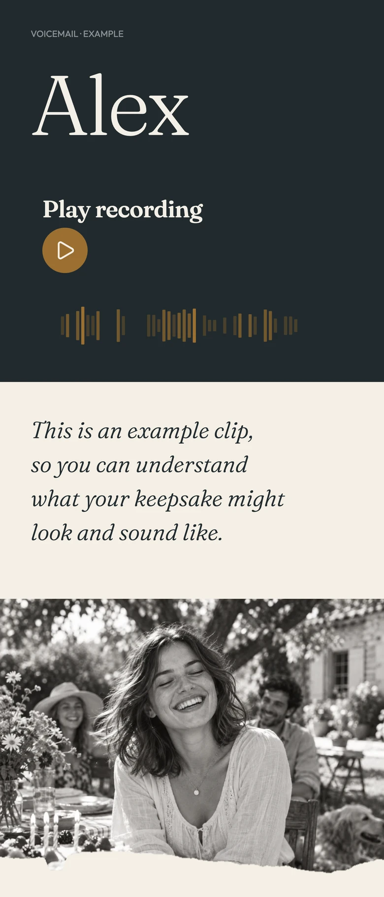 Saved voicemail design for Alex, a fictional example, rendered with the owner’s real sample waveform, player, spoken words and illustrative photo.